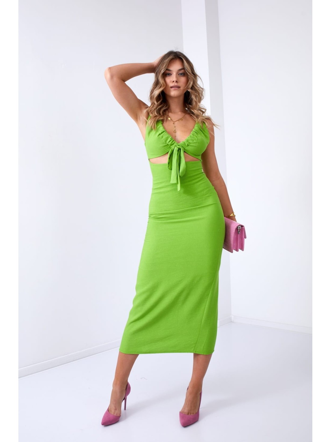 Sommerkleid mit gebundenem Ausschnitt, dunkles Limettengrün 110525 – Online-Shop – Boutique